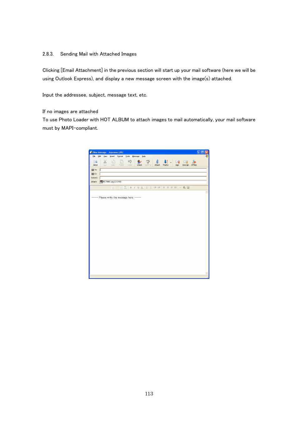 Sending mail with attached images | Casio Photo Loader with HOT ALBUM User Manual | Page 113 / 174