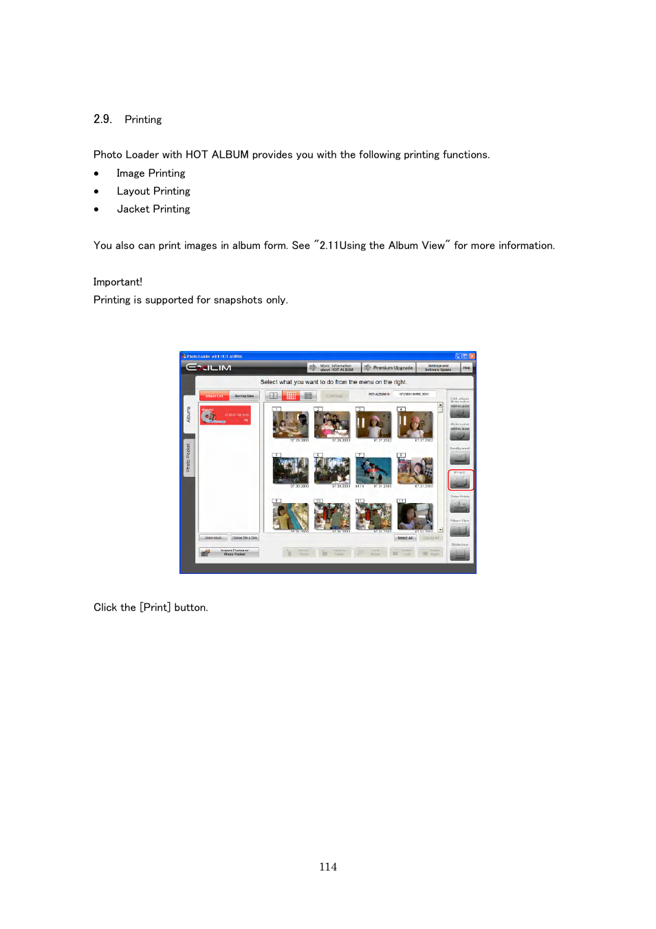 Printing | Casio Photo Loader with HOT ALBUM User Manual | Page 114 / 174
