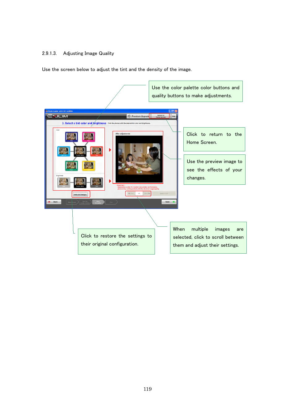 Adjusting image quality | Casio Photo Loader with HOT ALBUM User Manual | Page 119 / 174