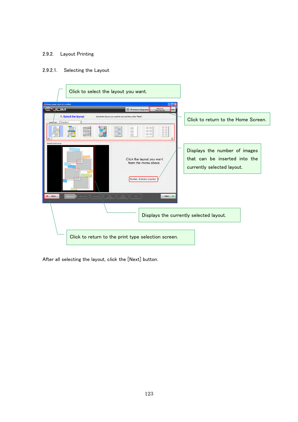 Layout printing, Selecting the layout | Casio Photo Loader with HOT ALBUM User Manual | Page 123 / 174