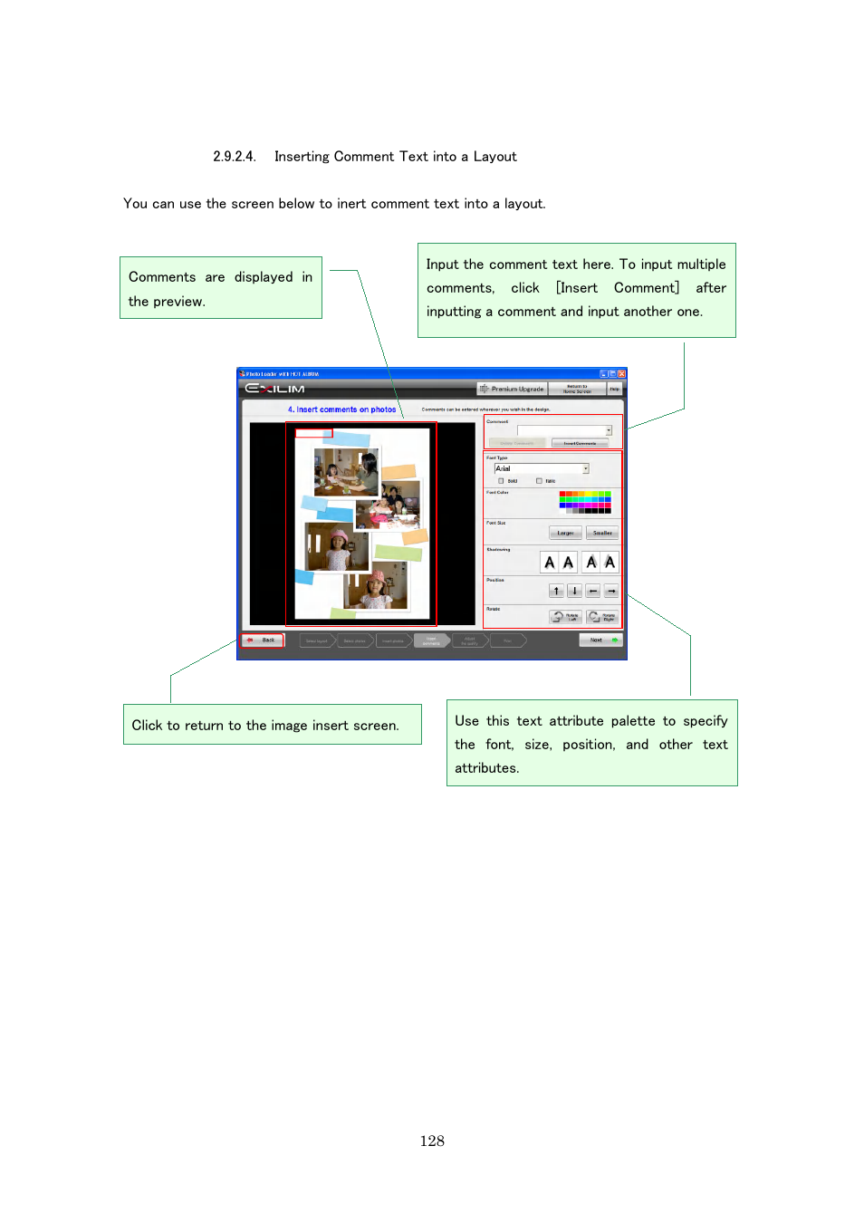 Inserting comment text into a layout | Casio Photo Loader with HOT ALBUM User Manual | Page 128 / 174
