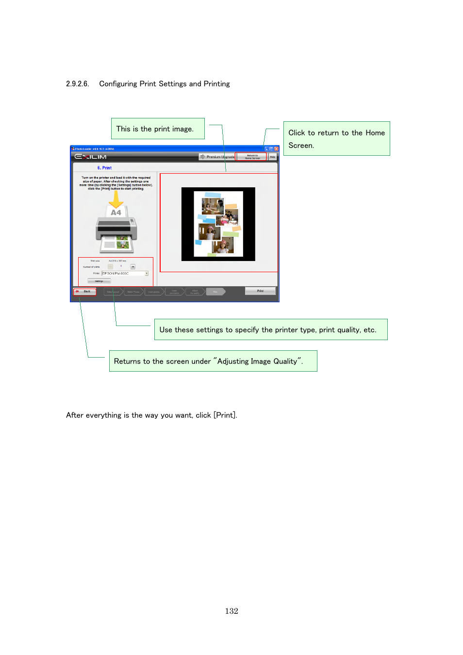 Configuring print settings and printing | Casio Photo Loader with HOT ALBUM User Manual | Page 132 / 174
