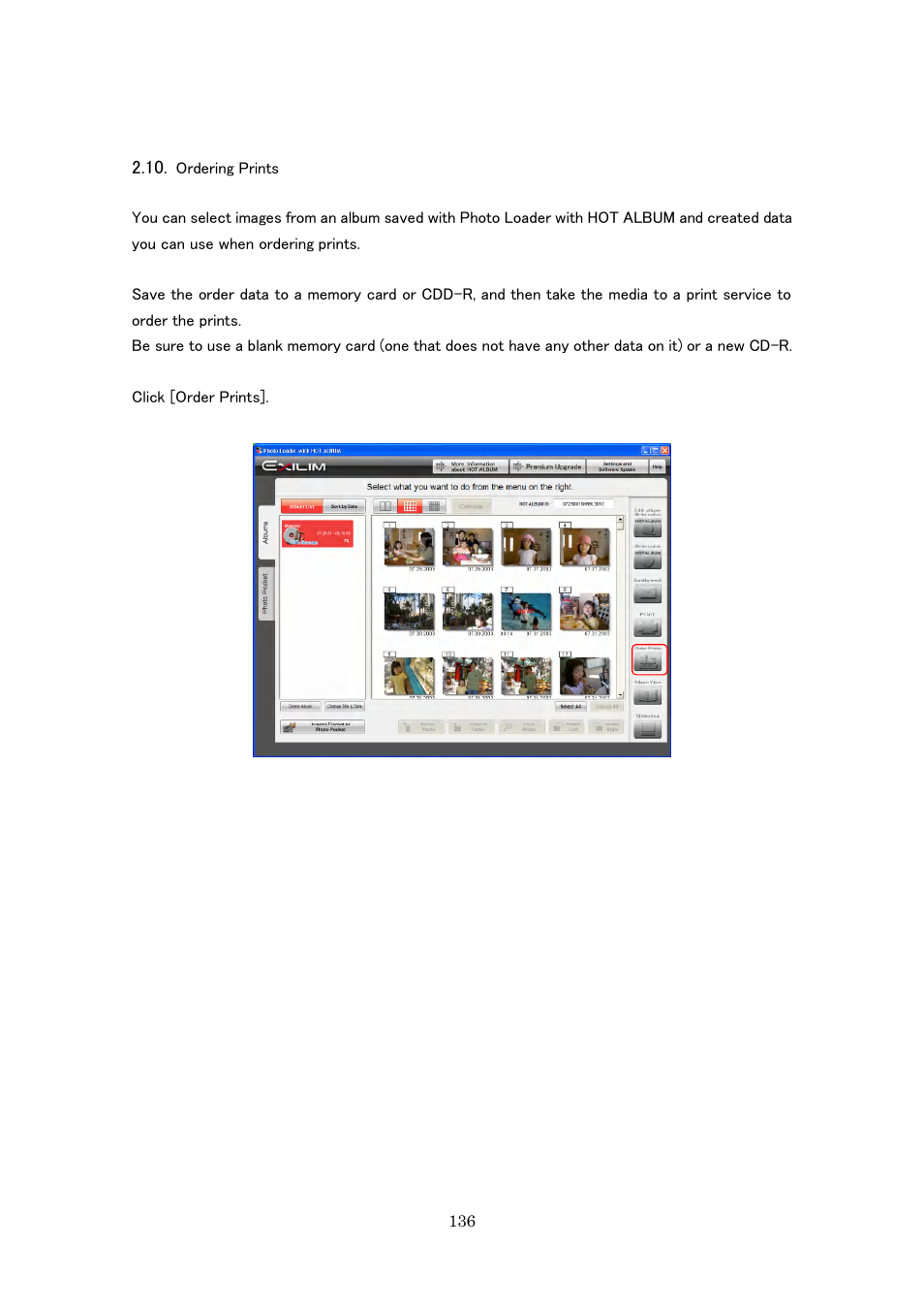 Ordering prints | Casio Photo Loader with HOT ALBUM User Manual | Page 136 / 174
