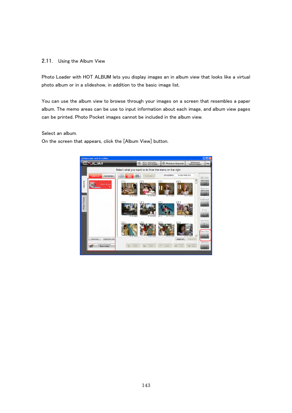 Using the album view | Casio Photo Loader with HOT ALBUM User Manual | Page 143 / 174