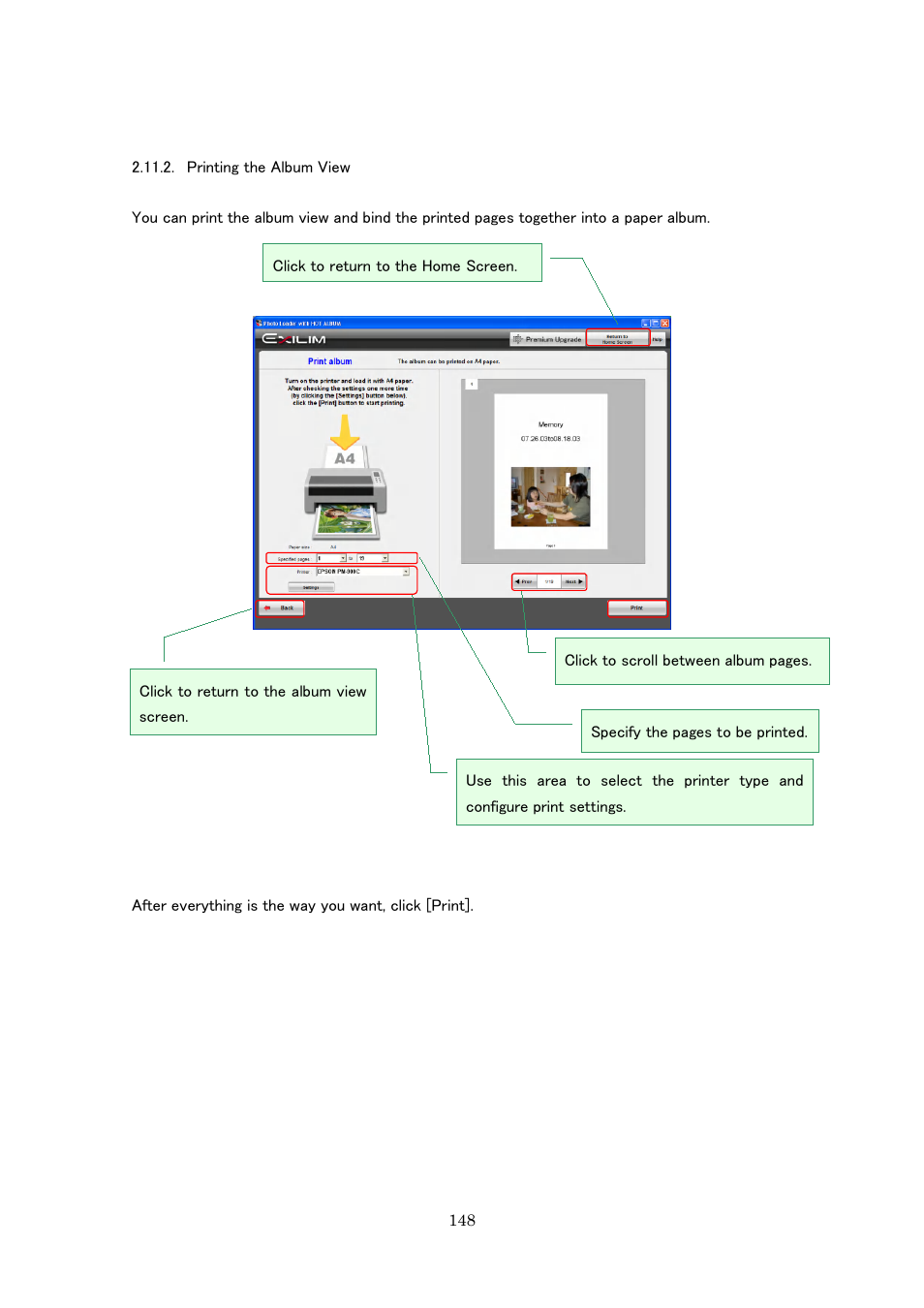 Printing the album view | Casio Photo Loader with HOT ALBUM User Manual | Page 148 / 174