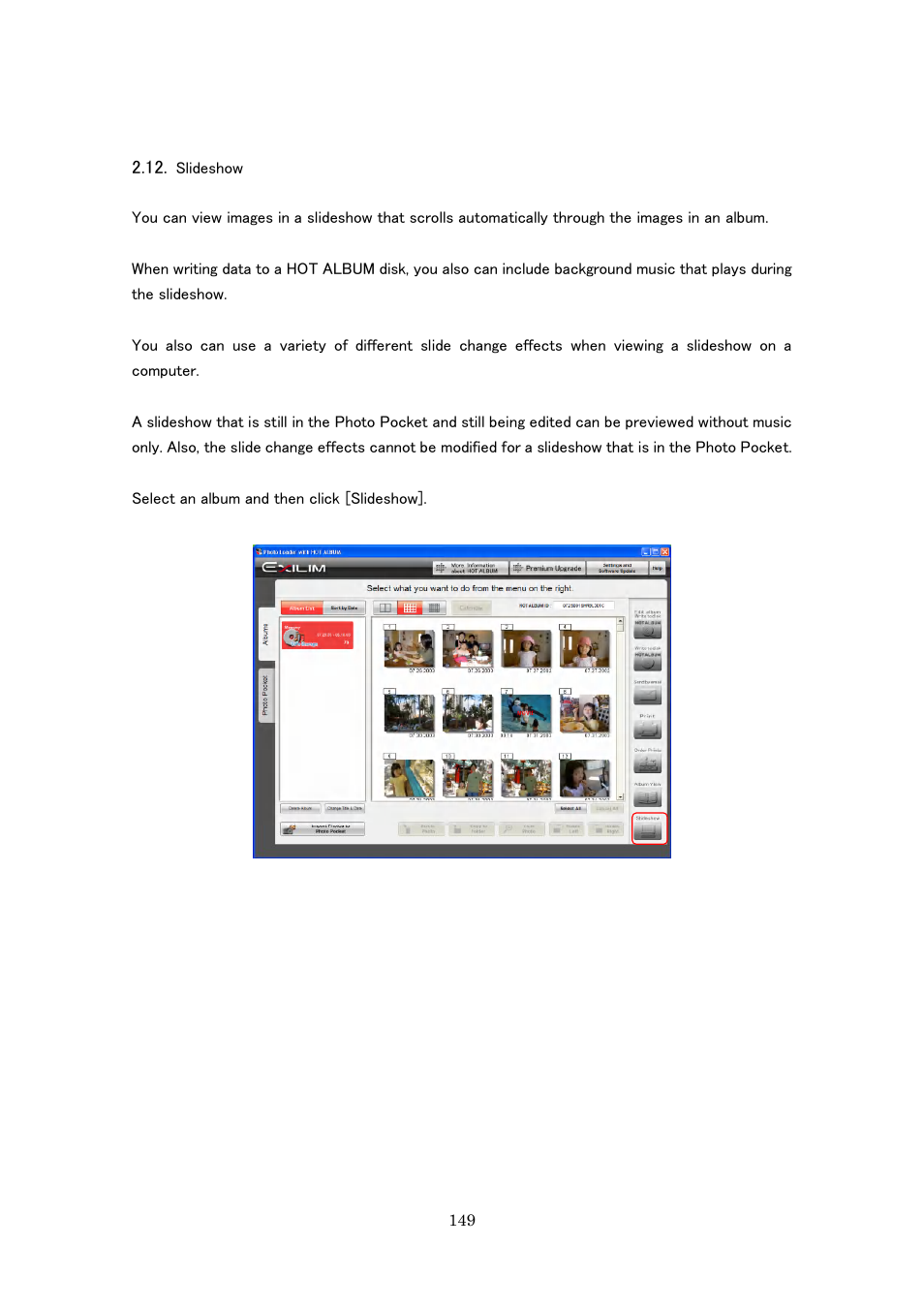 Slideshow | Casio Photo Loader with HOT ALBUM User Manual | Page 149 / 174