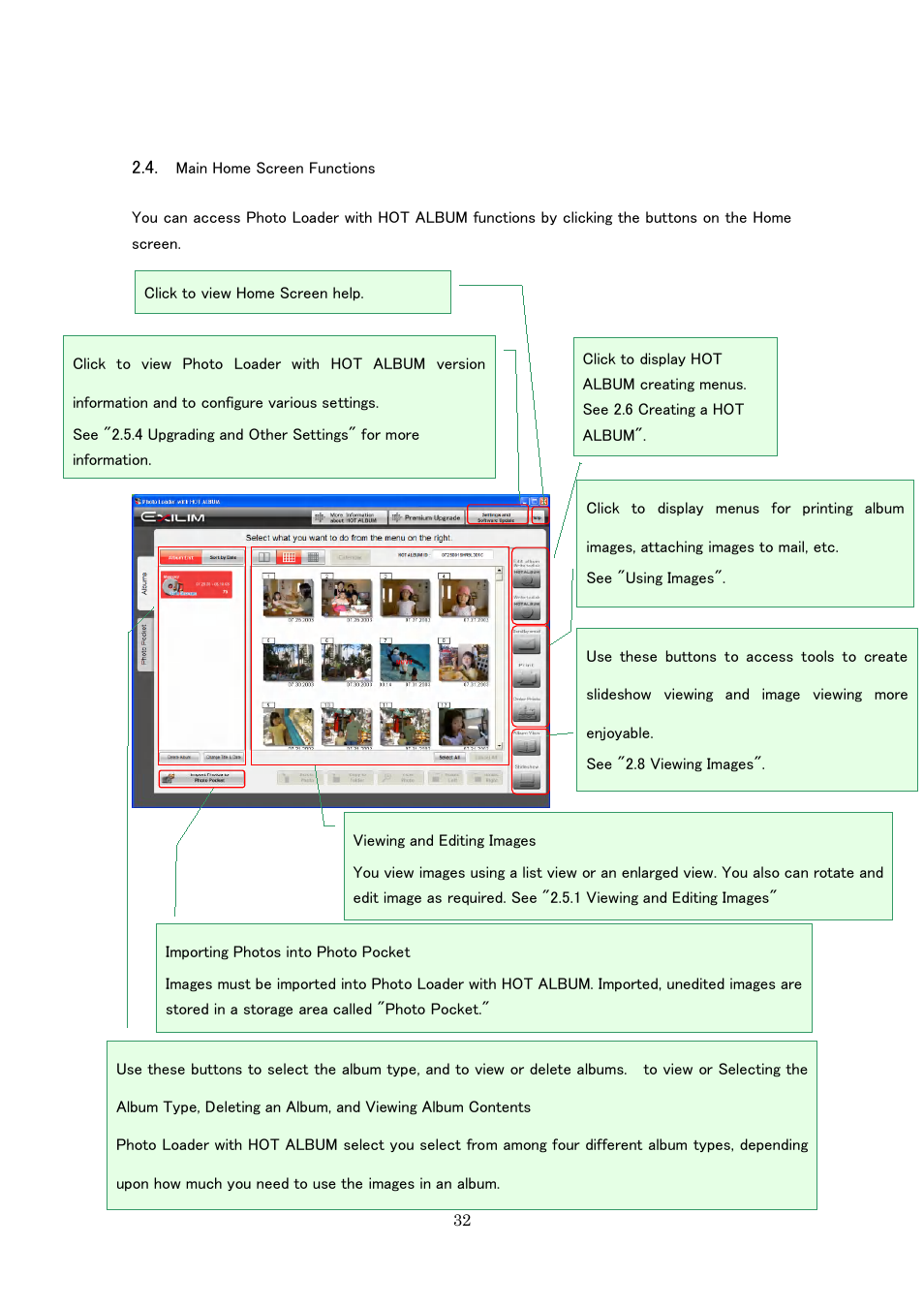 Main home screen functions | Casio Photo Loader with HOT ALBUM User Manual | Page 32 / 174