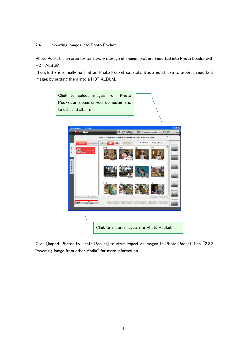 Importing images into photo pocket | Casio Photo Loader with HOT ALBUM User Manual | Page 44 / 174