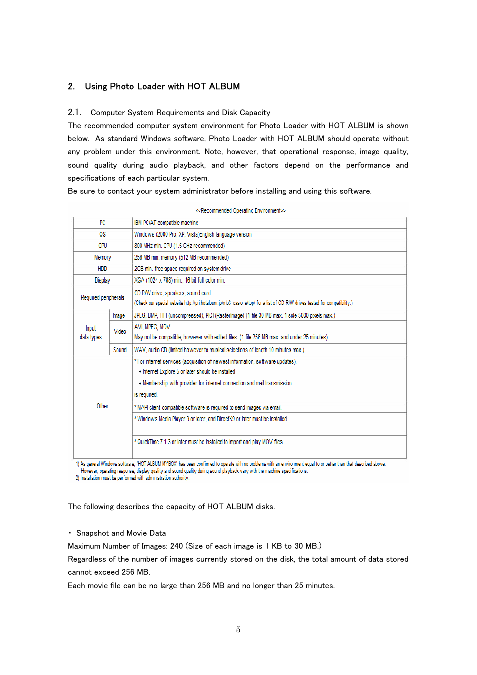 Using photo loader with hot album, Computer system requirements and disk capacity | Casio Photo Loader with HOT ALBUM User Manual | Page 5 / 174