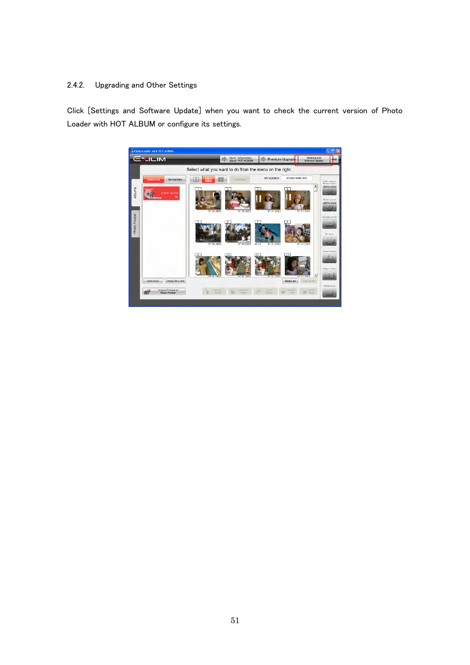 Upgrading and other settings | Casio Photo Loader with HOT ALBUM User Manual | Page 51 / 174