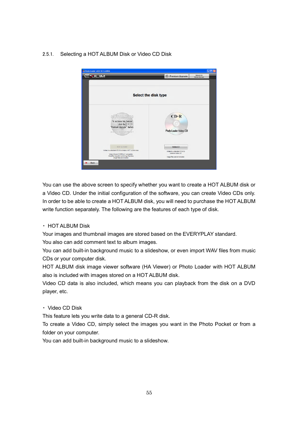 Selecting a hot album disk or video cd disk | Casio Photo Loader with HOT ALBUM User Manual | Page 55 / 174