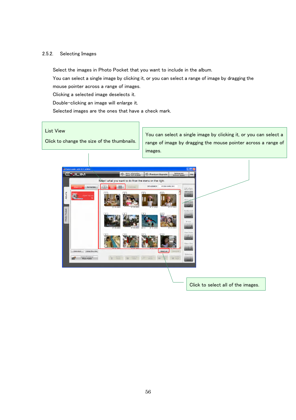 Selecting images | Casio Photo Loader with HOT ALBUM User Manual | Page 56 / 174