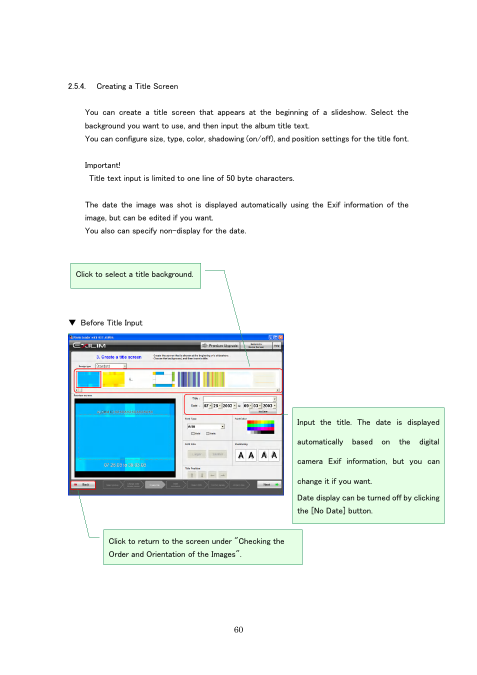 Creating a title screen | Casio Photo Loader with HOT ALBUM User Manual | Page 60 / 174