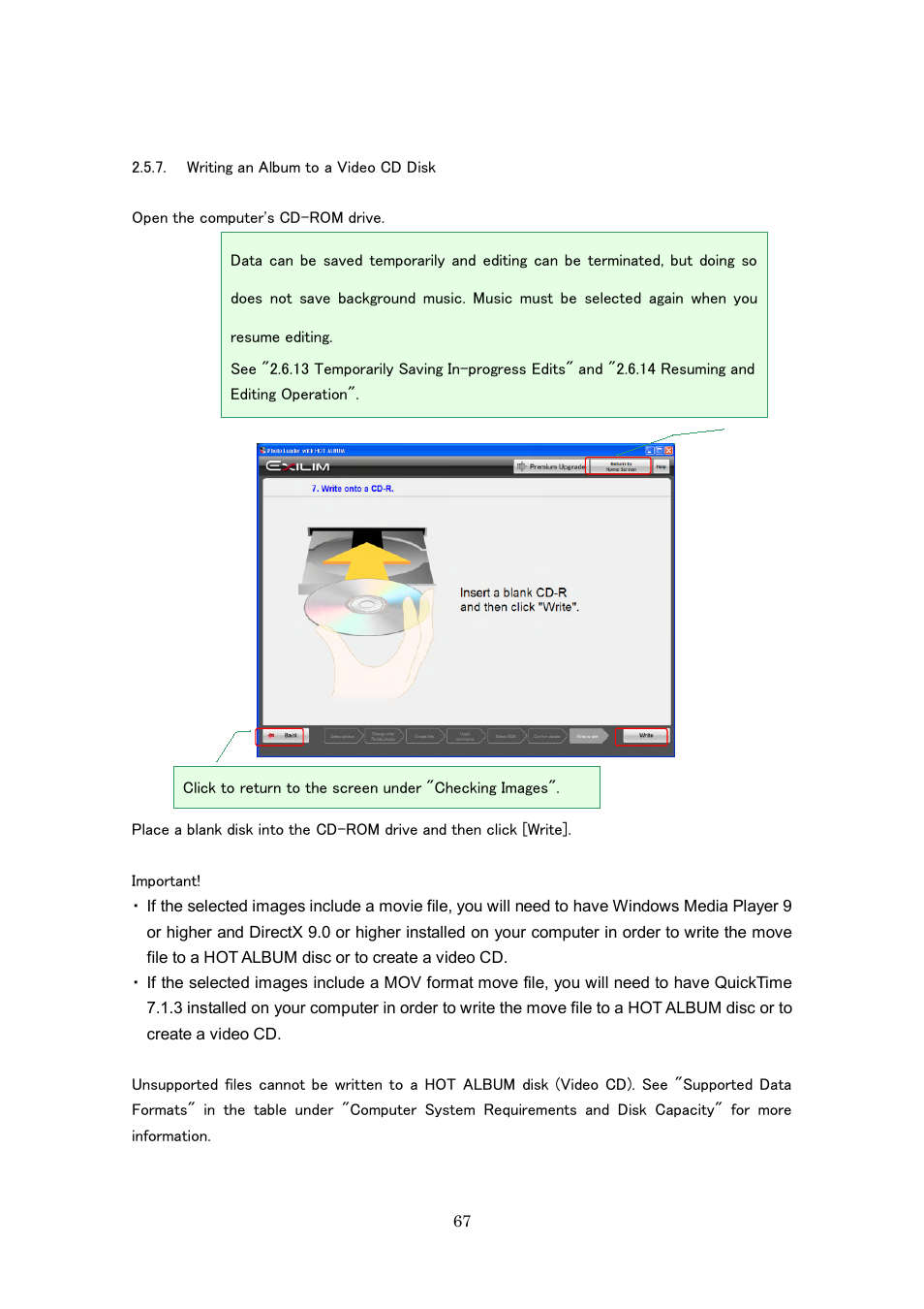 Writing an album to a video cd disk | Casio Photo Loader with HOT ALBUM User Manual | Page 67 / 174