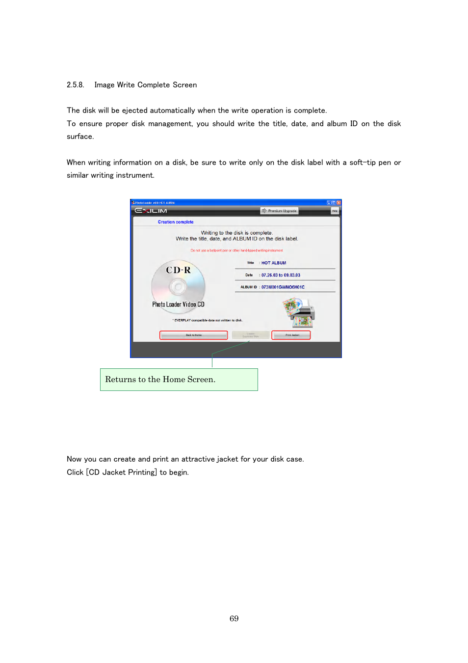Image write complete screen | Casio Photo Loader with HOT ALBUM User Manual | Page 69 / 174