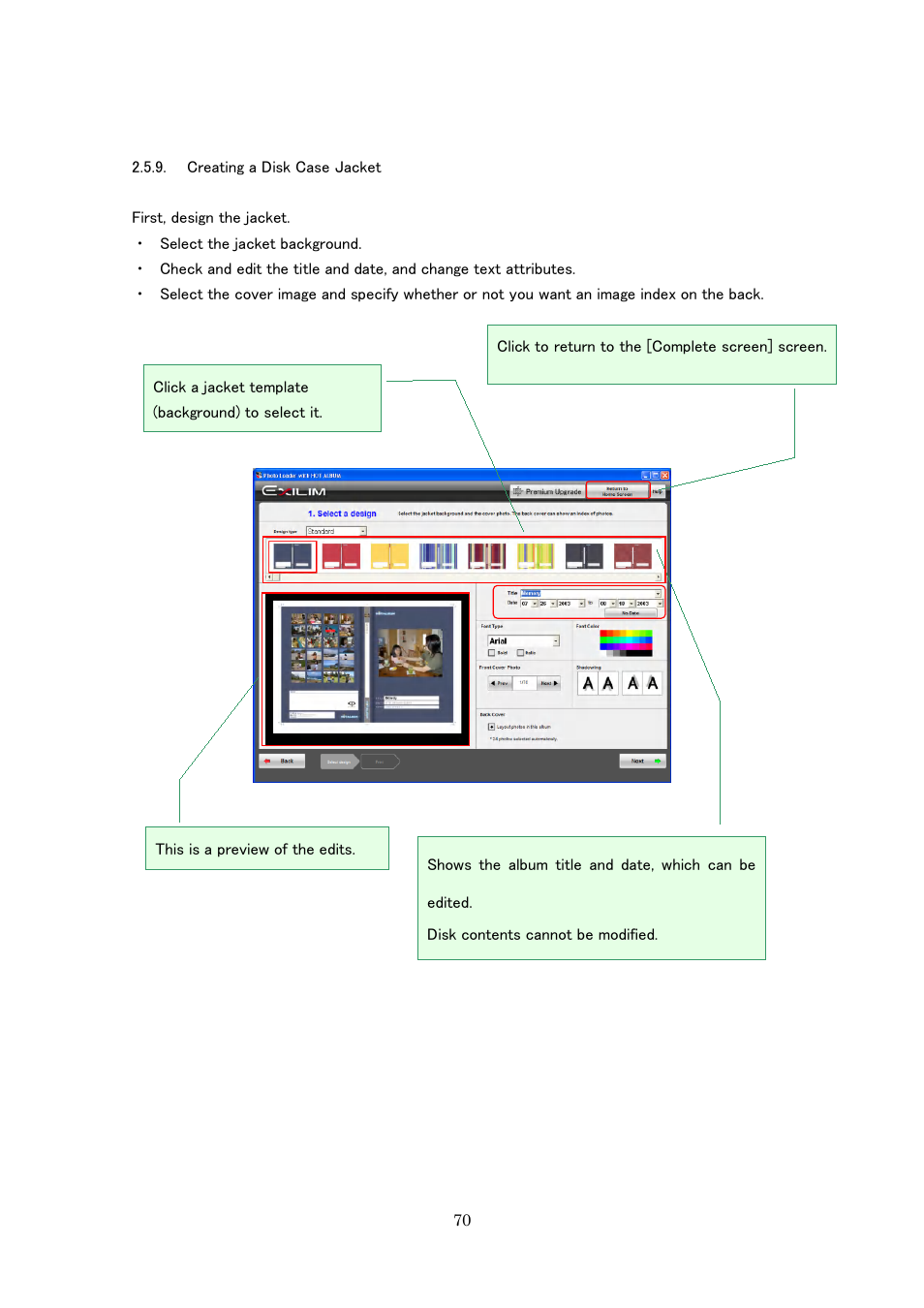 Creating a disk case jacket | Casio Photo Loader with HOT ALBUM User Manual | Page 70 / 174