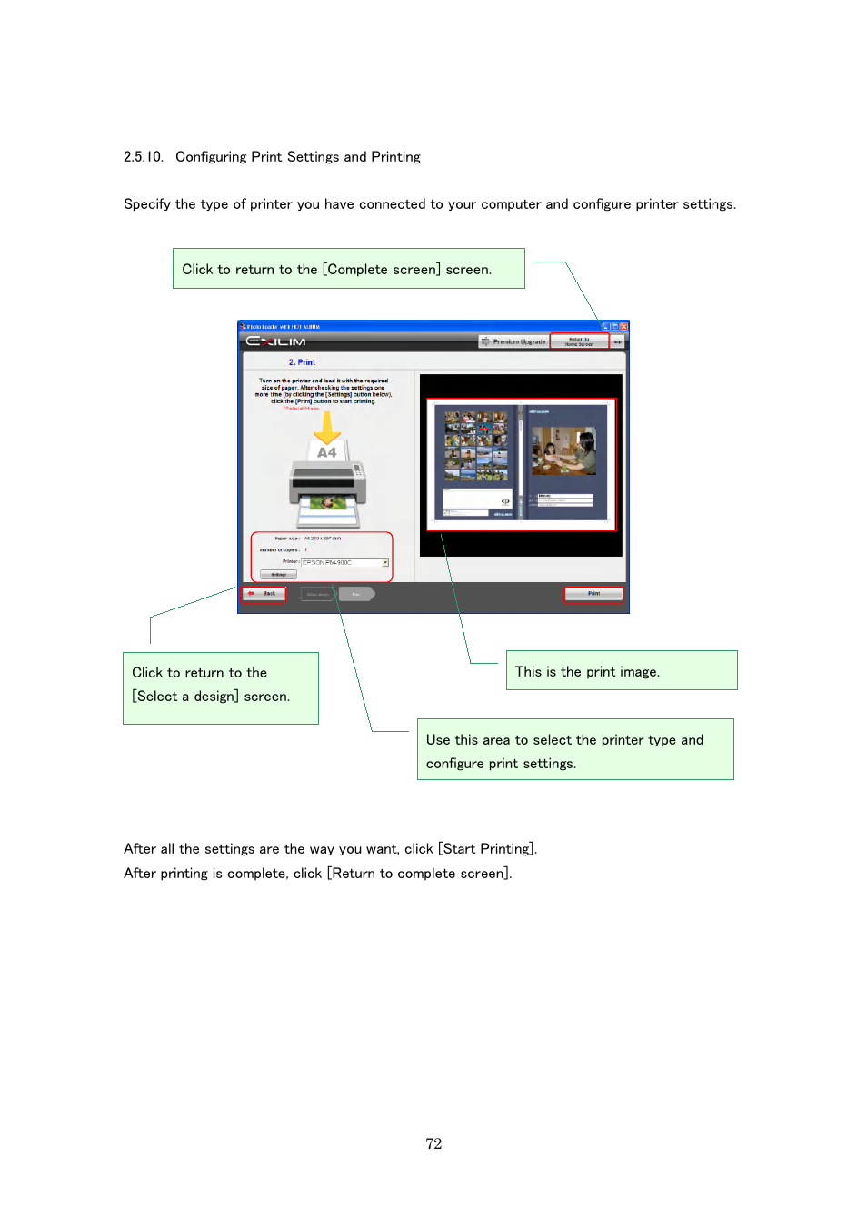 Configuring print settings and printing | Casio Photo Loader with HOT ALBUM User Manual | Page 72 / 174