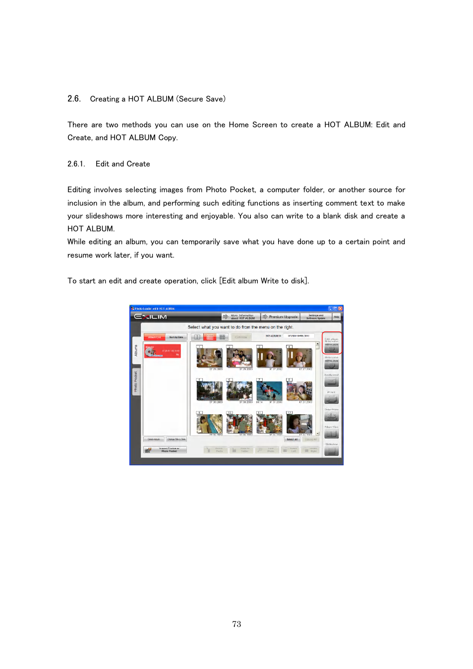 Creating a hot album (secure save), Edit and create | Casio Photo Loader with HOT ALBUM User Manual | Page 73 / 174