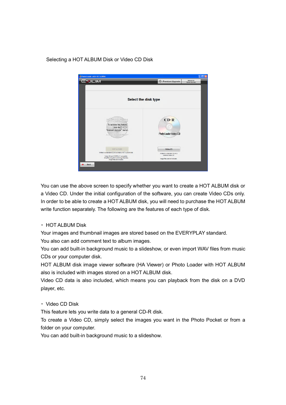 Selecting a hot album disk or video cd disk | Casio Photo Loader with HOT ALBUM User Manual | Page 74 / 174