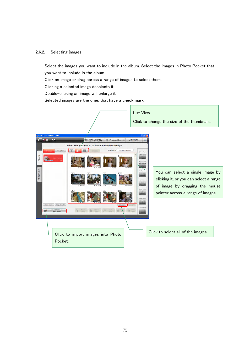 Selecting images | Casio Photo Loader with HOT ALBUM User Manual | Page 75 / 174