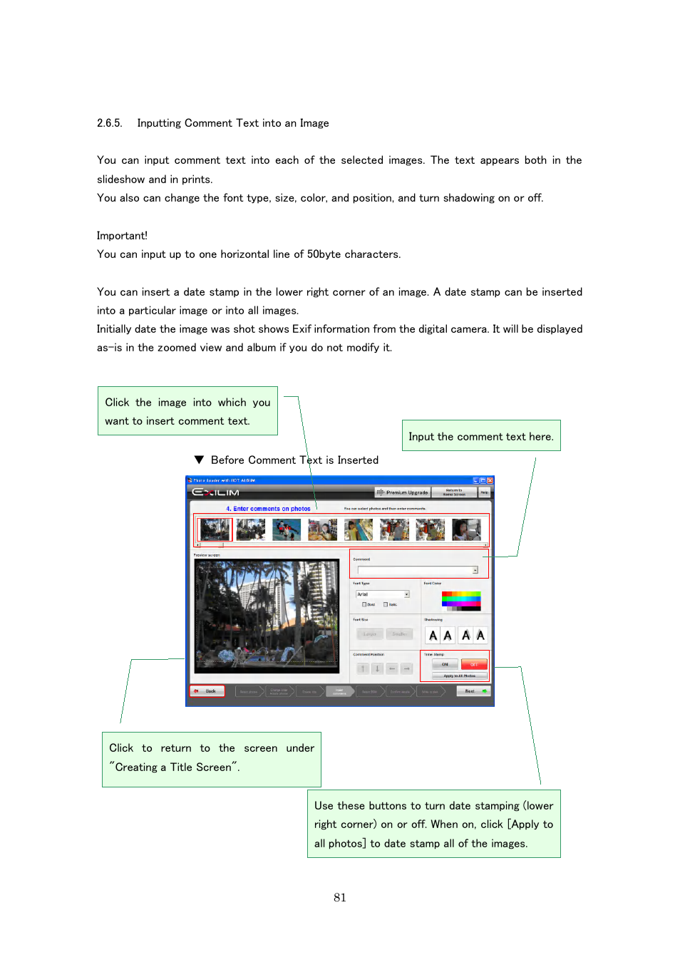 Inputting comment text into an image | Casio Photo Loader with HOT ALBUM User Manual | Page 81 / 174