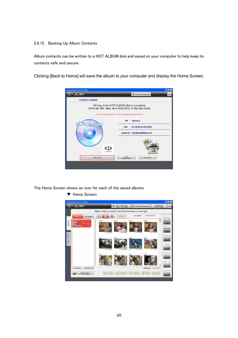 Backing up album contents | Casio Photo Loader with HOT ALBUM User Manual | Page 98 / 174