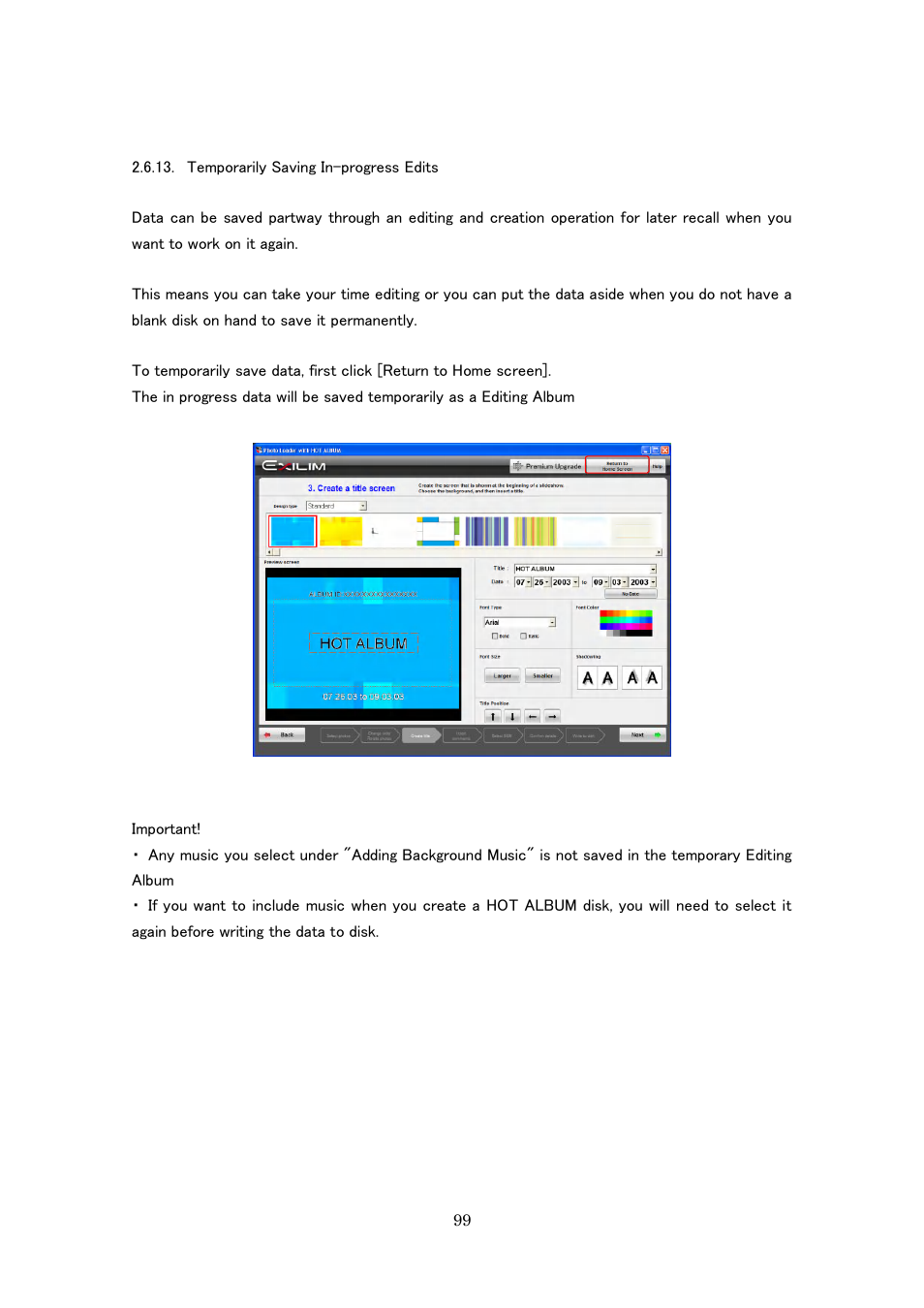 Temporarily saving in-progress edits | Casio Photo Loader with HOT ALBUM User Manual | Page 99 / 174