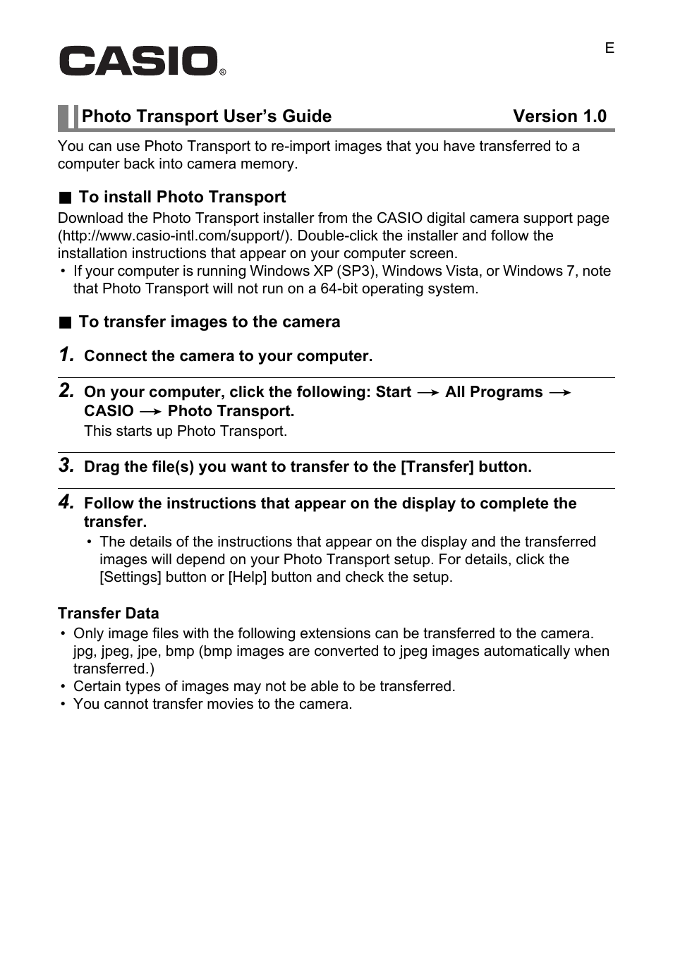 Casio Photo Transport User Manual | 2 pages