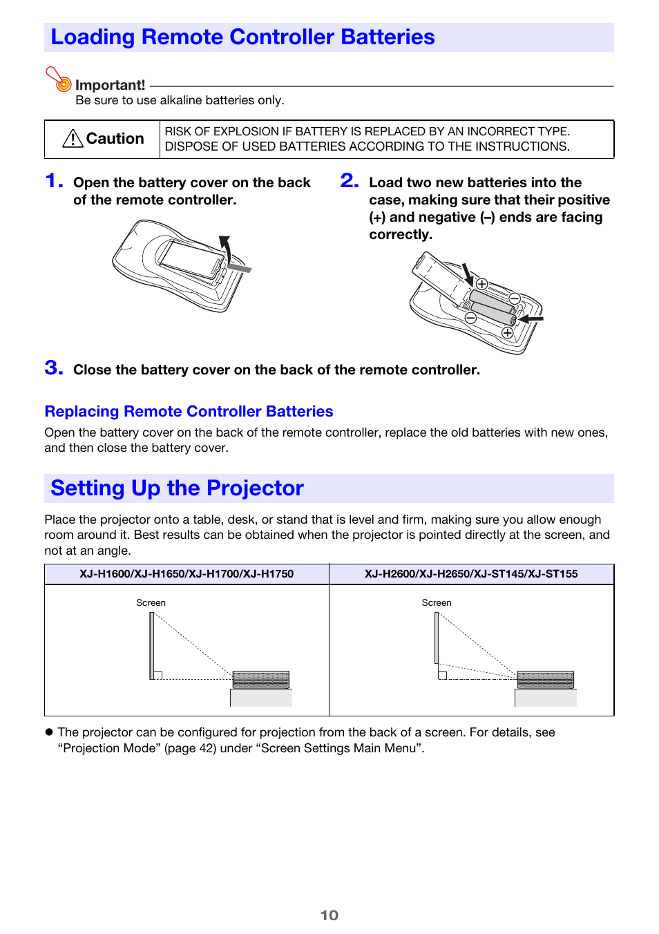 Loading remote controller batteries, Setting up the projector | Casio XJ-H2600 User Guide User Manual | Page 10 / 74