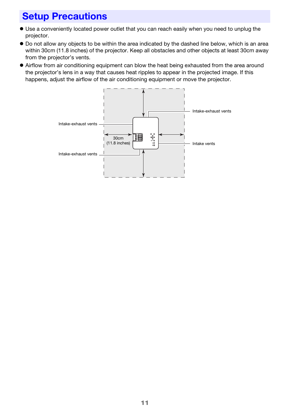 Setup precautions | Casio XJ-H2600 User Guide User Manual | Page 11 / 74