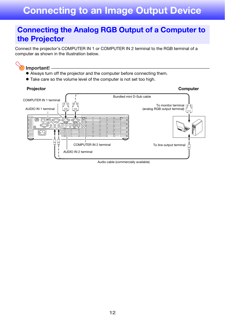 Connecting to an image output device | Casio XJ-H2600 User Guide User Manual | Page 12 / 74