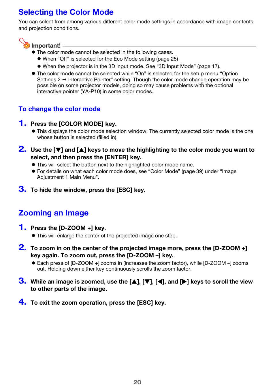 Selecting the color mode, Zooming an image | Casio XJ-H2600 User Guide User Manual | Page 20 / 74