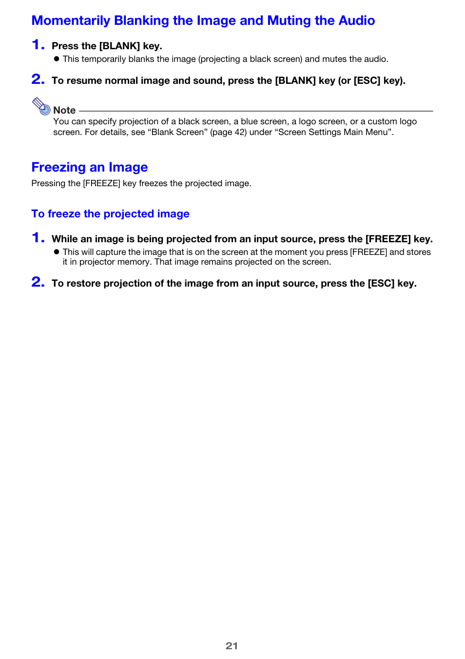 Freezing an image | Casio XJ-H2600 User Guide User Manual | Page 21 / 74