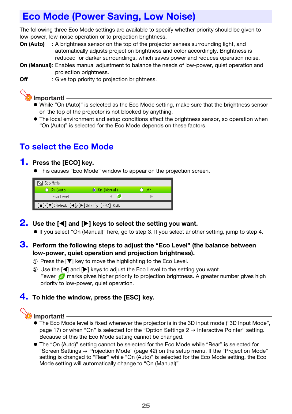 Eco mode (power saving, low noise), To select the eco mode | Casio XJ-H2600 User Guide User Manual | Page 25 / 74