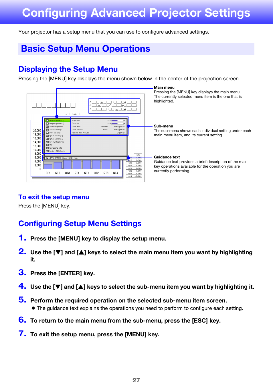 Configuring advanced projector settings, Basic setup menu operations, Displaying the setup menu | Configuring setup menu settings, E 27) to | Casio XJ-H2600 User Guide User Manual | Page 27 / 74
