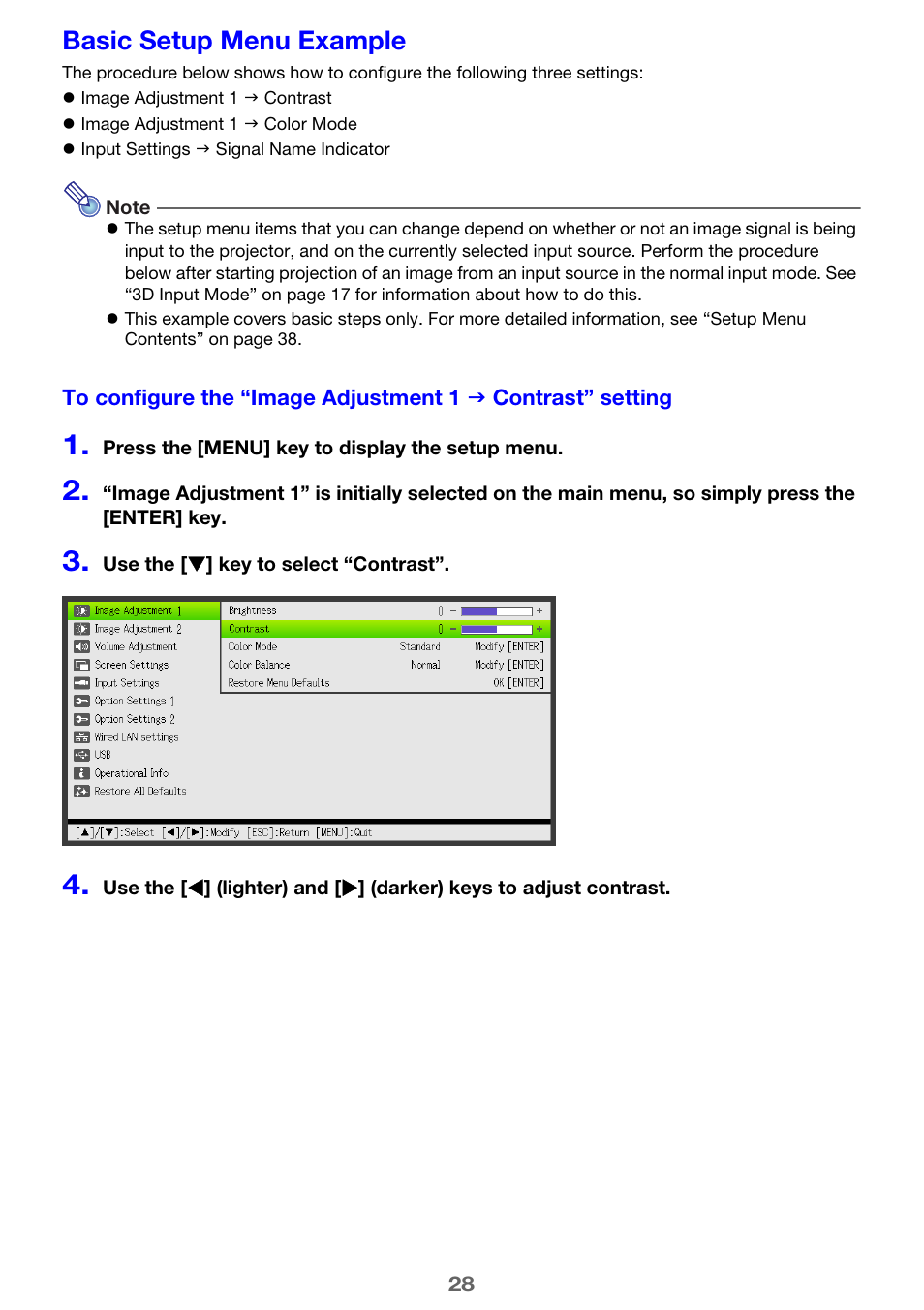 Basic setup menu example | Casio XJ-H2600 User Guide User Manual | Page 28 / 74