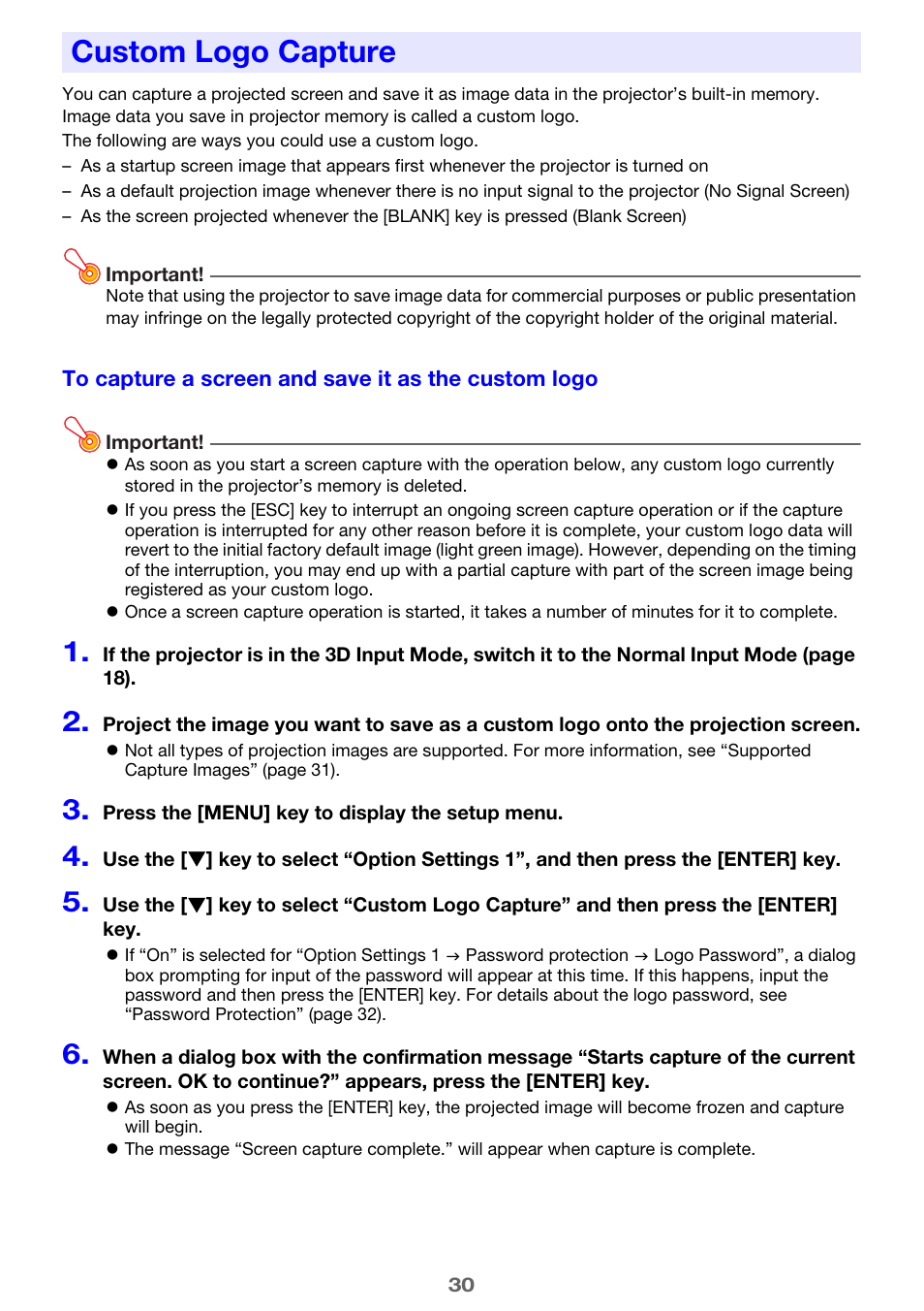 Custom logo capture | Casio XJ-H2600 User Guide User Manual | Page 30 / 74