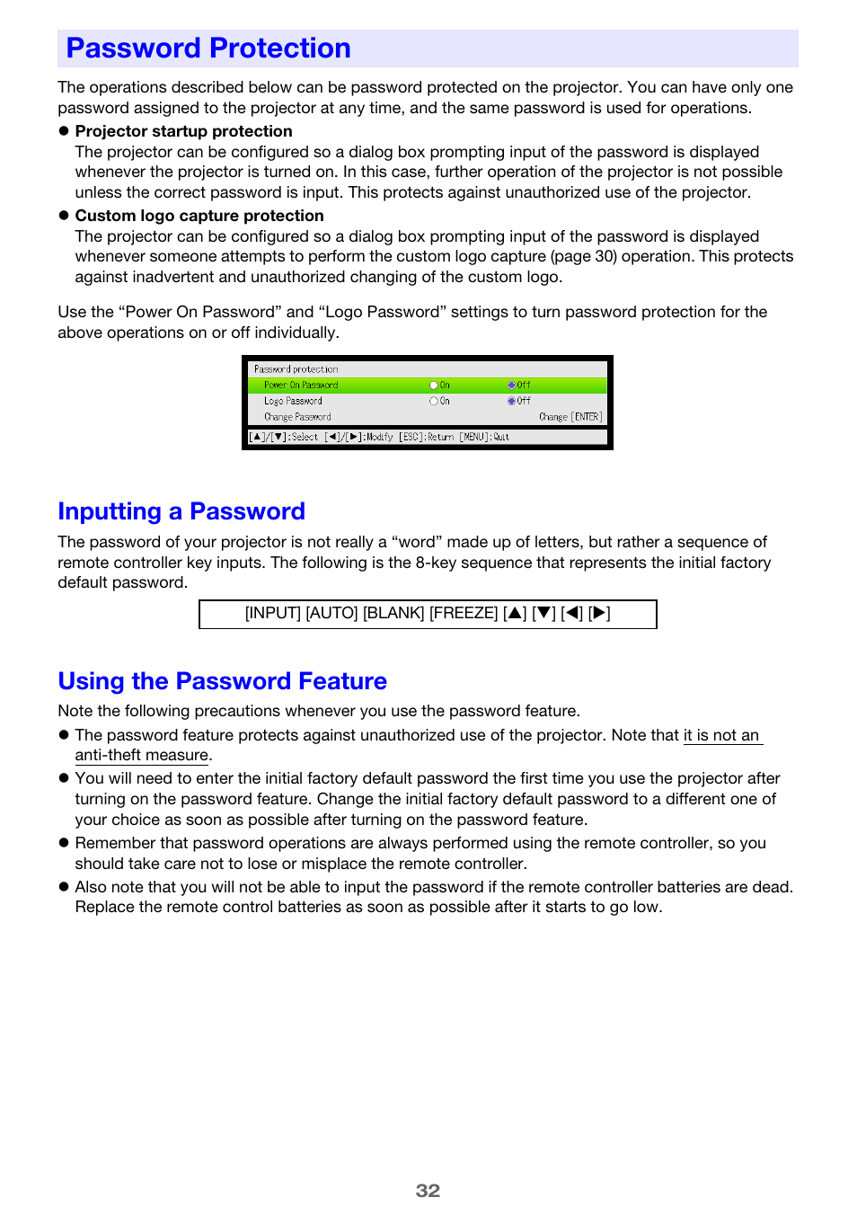 Password protection, Inputting a password, Using the password feature | E 32) | Casio XJ-H2600 User Guide User Manual | Page 32 / 74