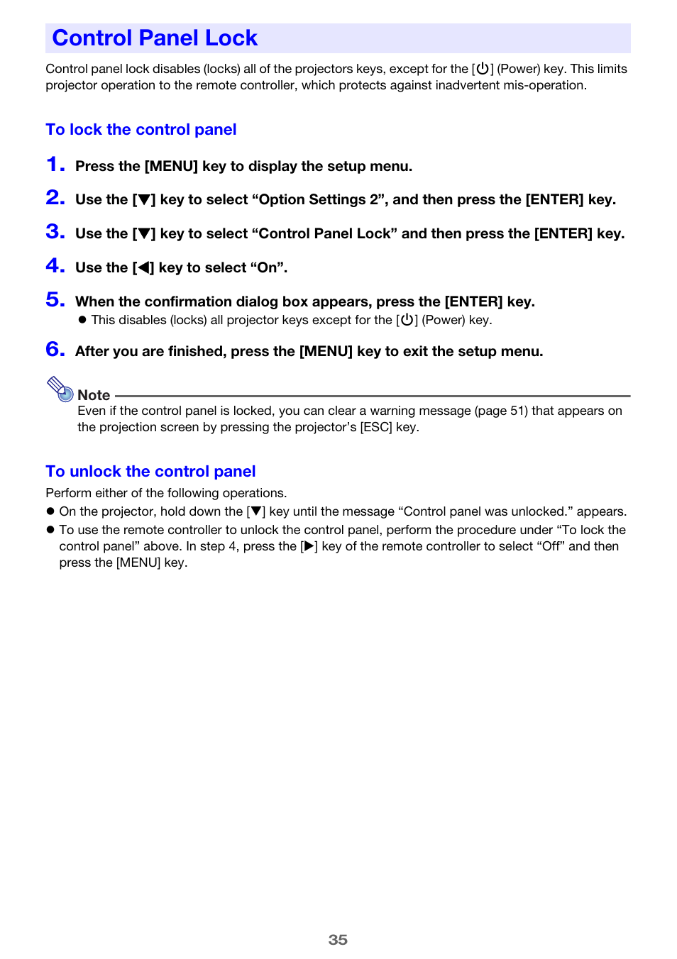 Control panel lock | Casio XJ-H2600 User Guide User Manual | Page 35 / 74