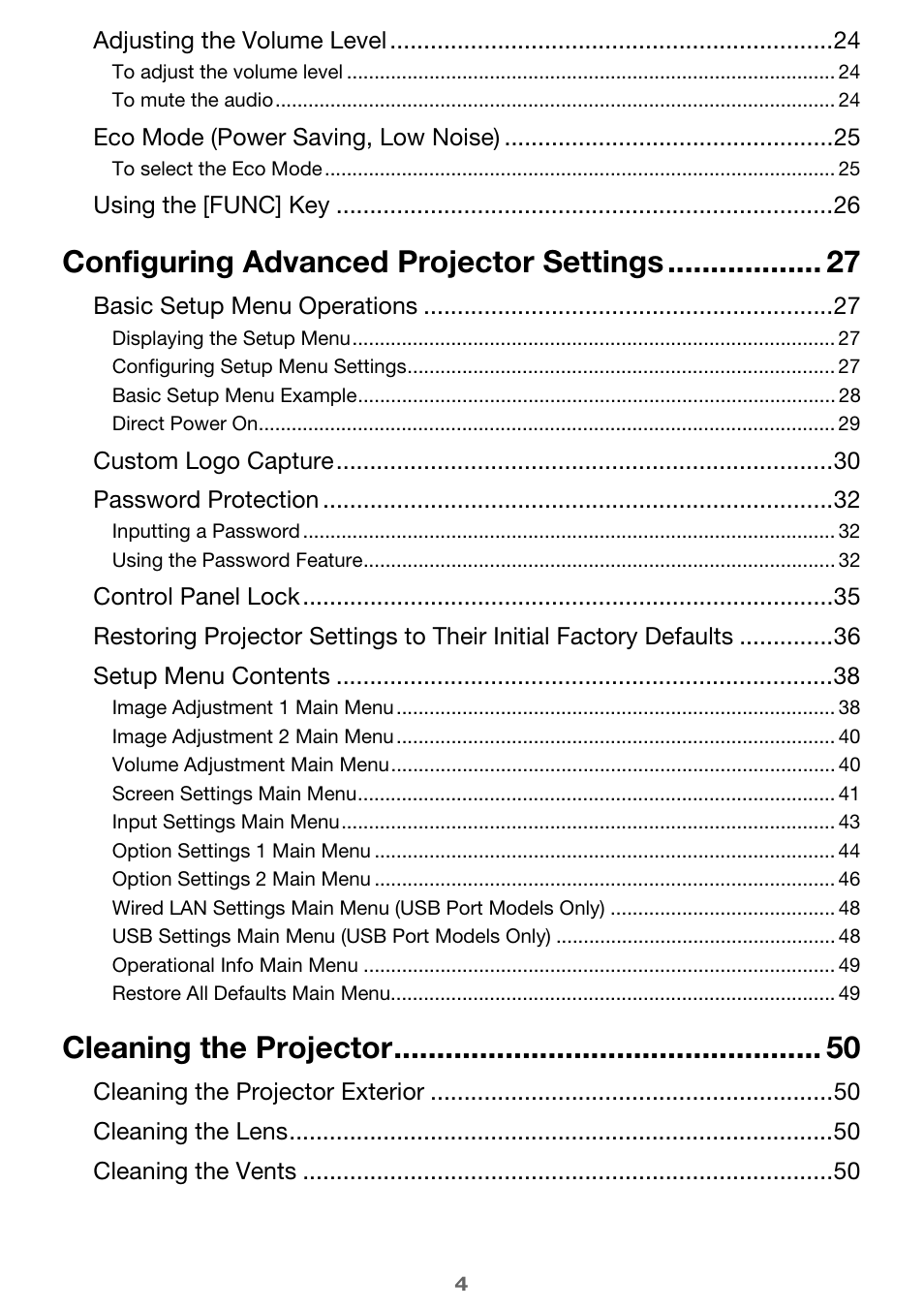 Configuring advanced projector settings, Cleaning the projector | Casio XJ-H2600 User Guide User Manual | Page 4 / 74