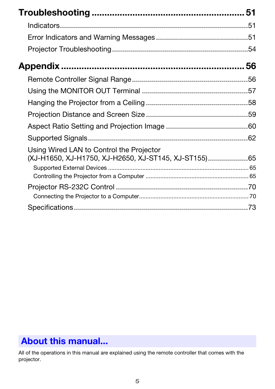 About this manual, Troubleshooting, Appendix | Casio XJ-H2600 User Guide User Manual | Page 5 / 74