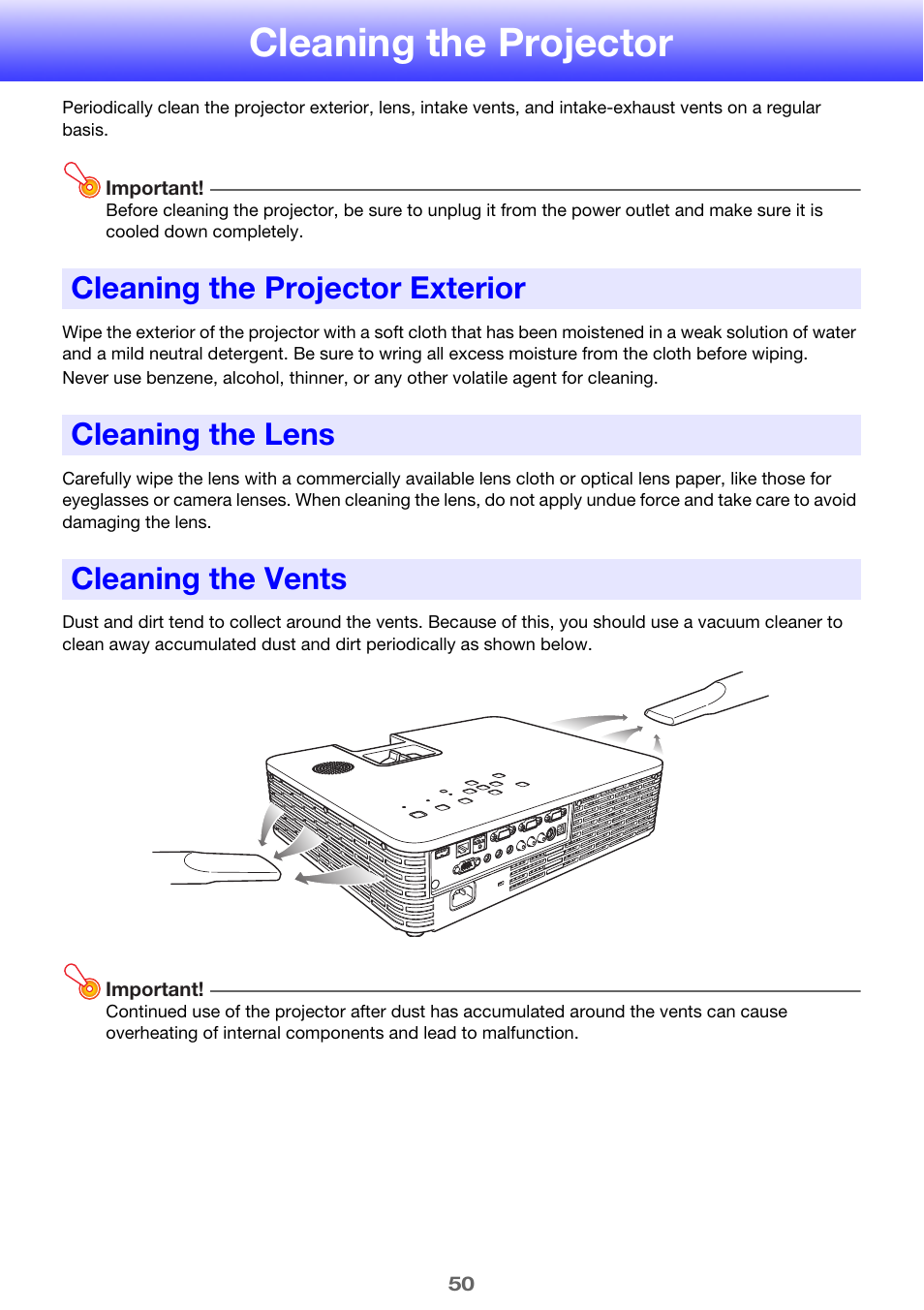 Cleaning the projector, Cleaning the projector exterior, Cleaning the lens | Cleaning the vents | Casio XJ-H2600 User Guide User Manual | Page 50 / 74
