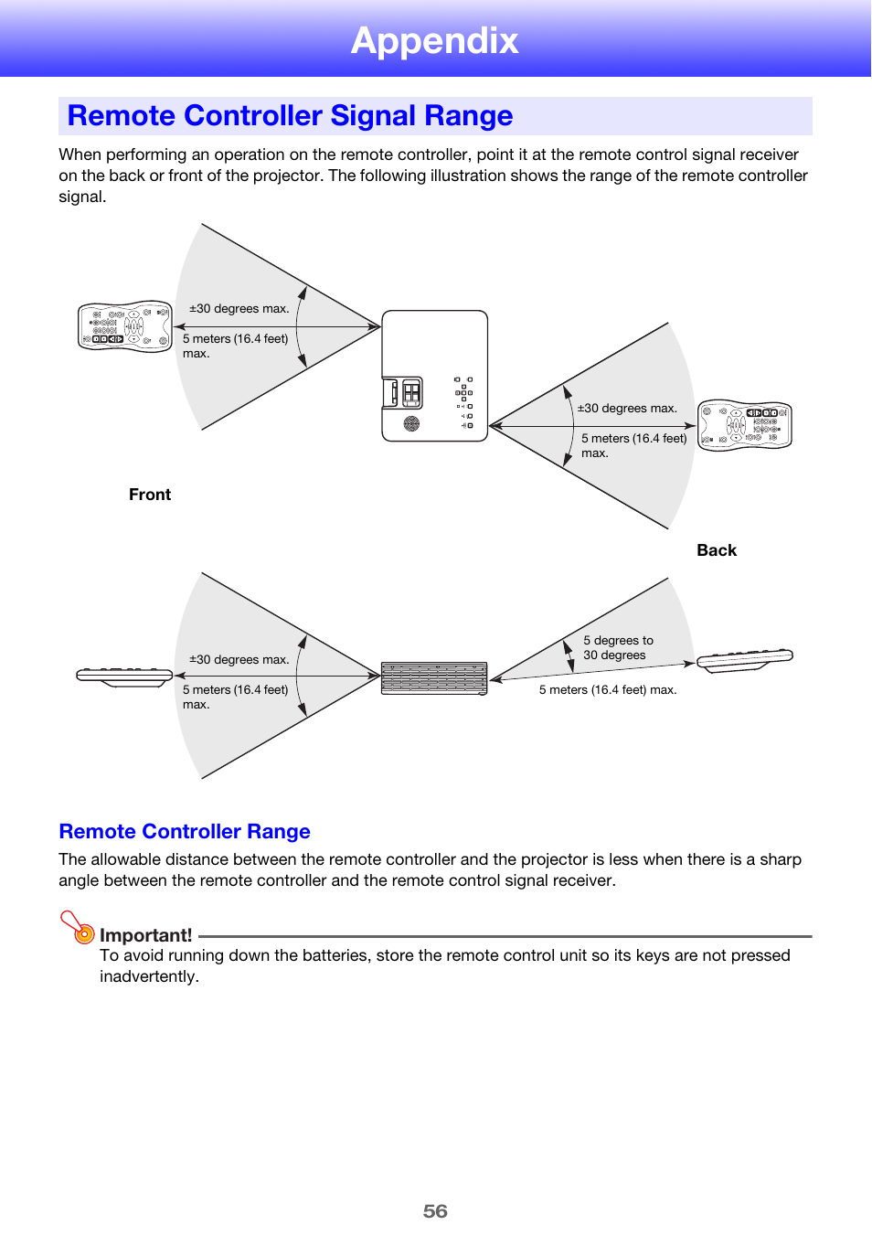 Appendix, Remote controller signal range, Ge 56 | Remote controller range | Casio XJ-H2600 User Guide User Manual | Page 56 / 74