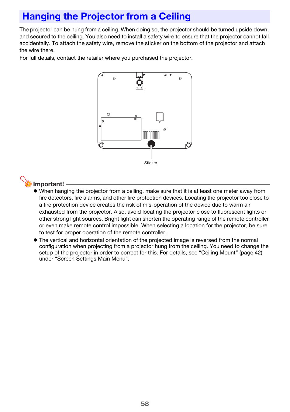 Hanging the projector from a ceiling | Casio XJ-H2600 User Guide User Manual | Page 58 / 74