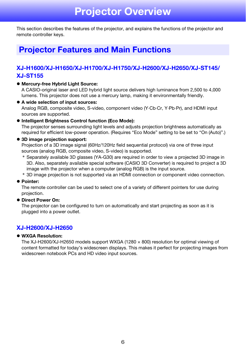 Projector overview, Projector features and main functions | Casio XJ-H2600 User Guide User Manual | Page 6 / 74