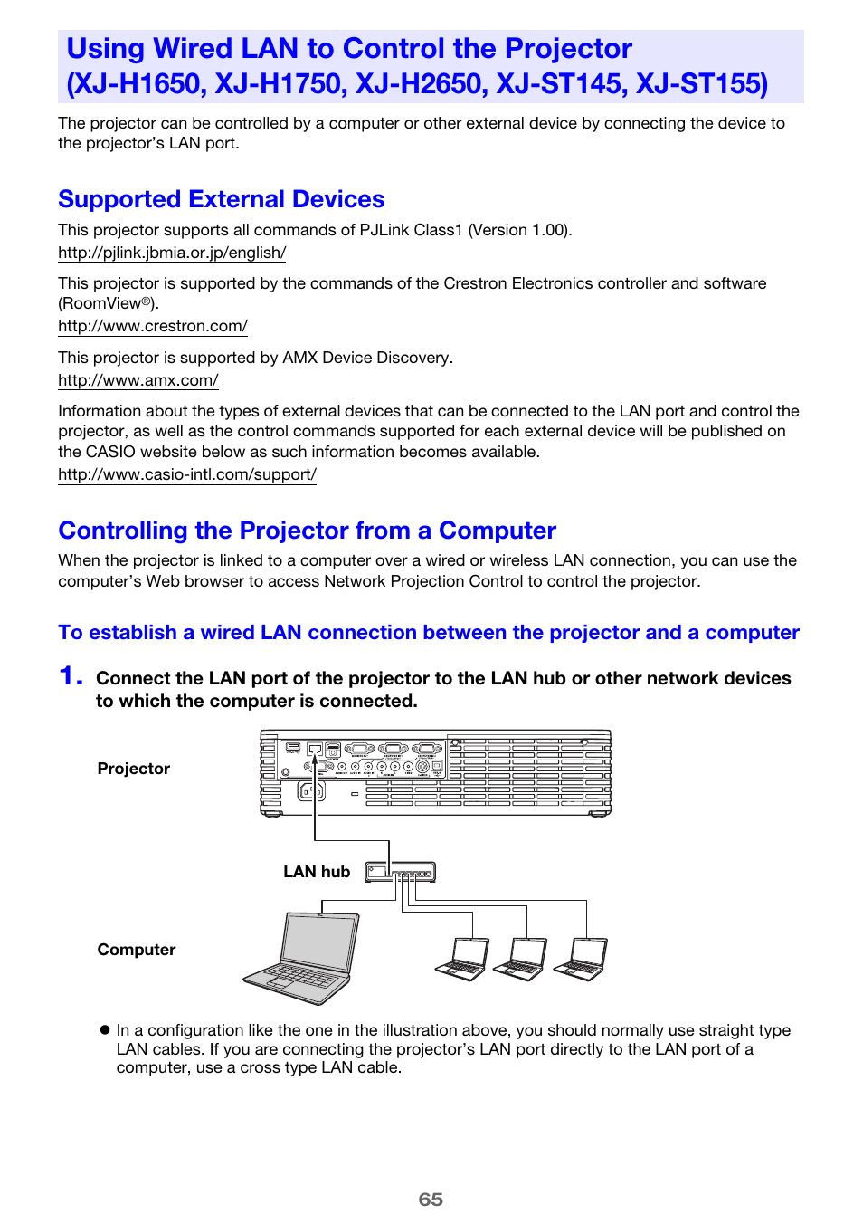 Supported external devices, Controlling the projector from a computer | Casio XJ-H2600 User Guide User Manual | Page 65 / 74