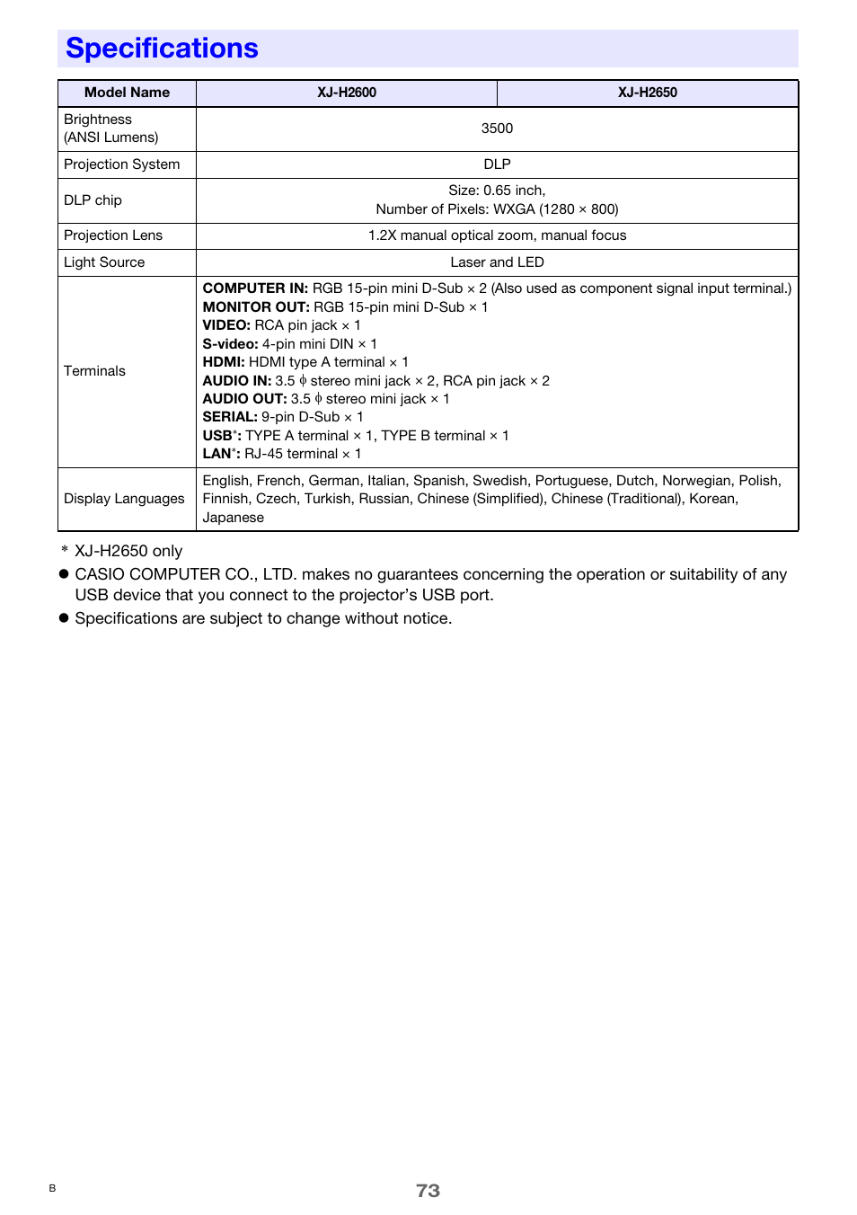 Specifications, E the “dlp chip” i | Casio XJ-H2600 User Guide User Manual | Page 73 / 74