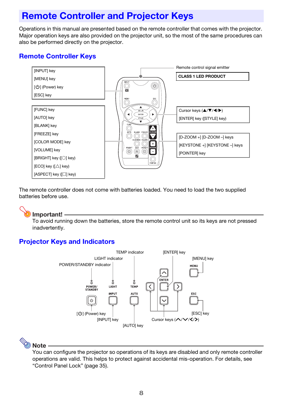 Remote controller and projector keys, Remote controller keys, Projector keys and indicators | Important | Casio XJ-H2600 User Guide User Manual | Page 8 / 74