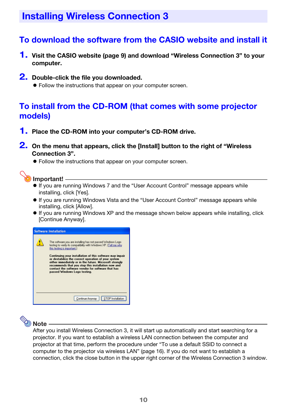 Installing wireless connection 3 | Casio XJ-H2650 Wireless Function Guide User Manual | Page 10 / 48