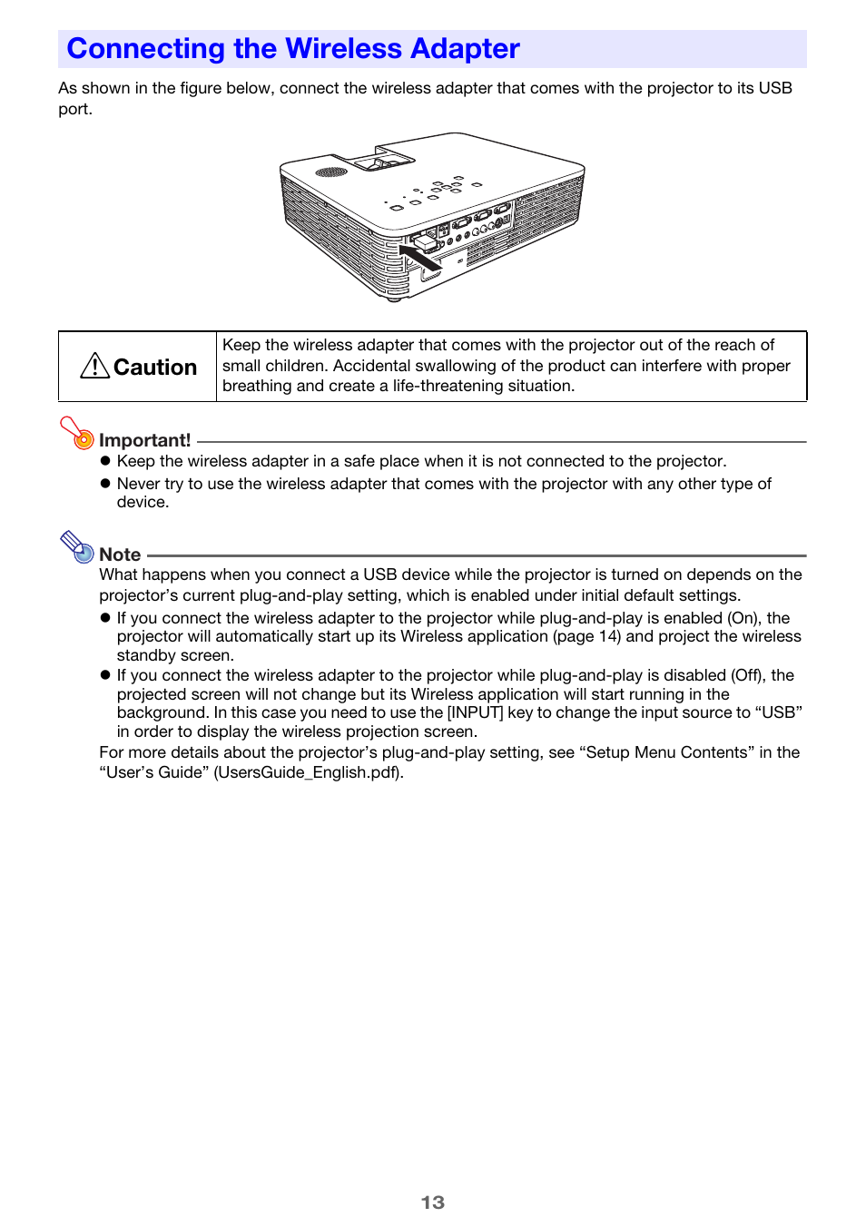 Connecting the wireless adapter | Casio XJ-H2650 Wireless Function Guide User Manual | Page 13 / 48